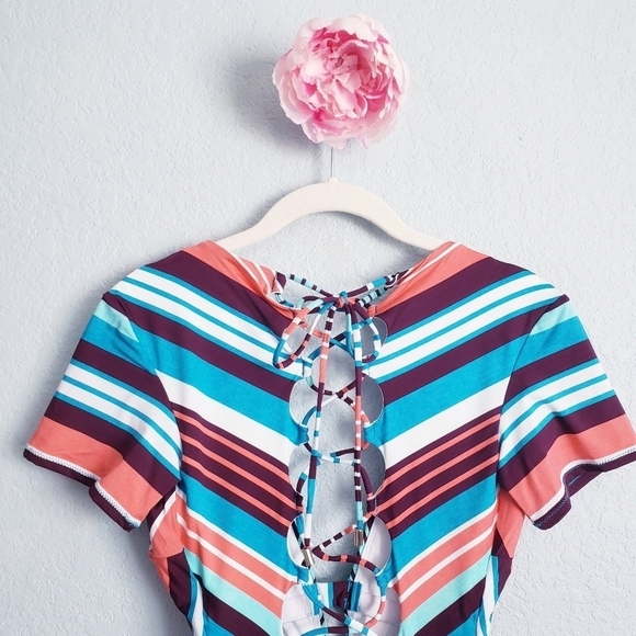 Laundry By Shelli Segal Multicolor Striped Lace Up Back One Piece Swimsuit - Picture 4 of 10